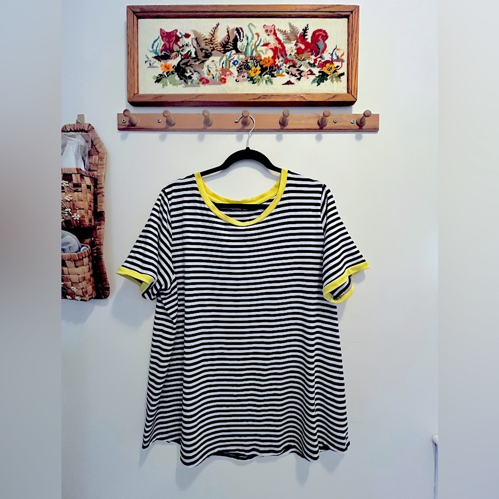 Size 18/20 Universal Standard (M) neon trim black & white stripe ringer Tee Rex